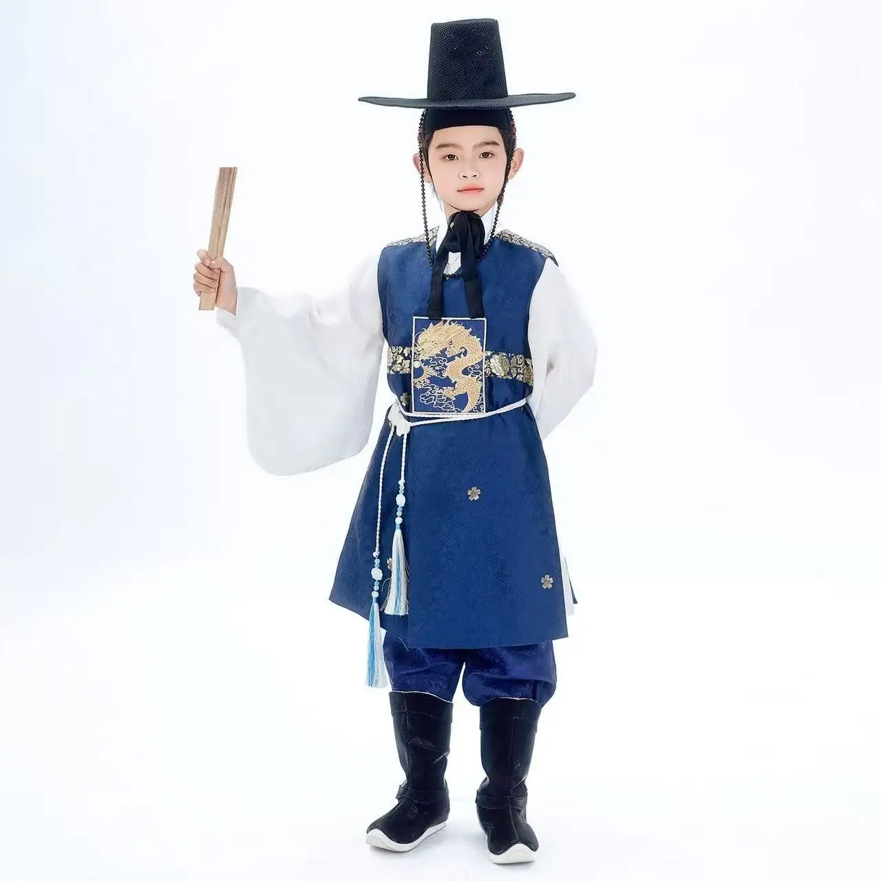 Boys Blue Hanbok Traditional Korean Sleeveless Dark Pattern Long Robe Halloween Party Stage Performance Suit Kids Dragon Hanboks