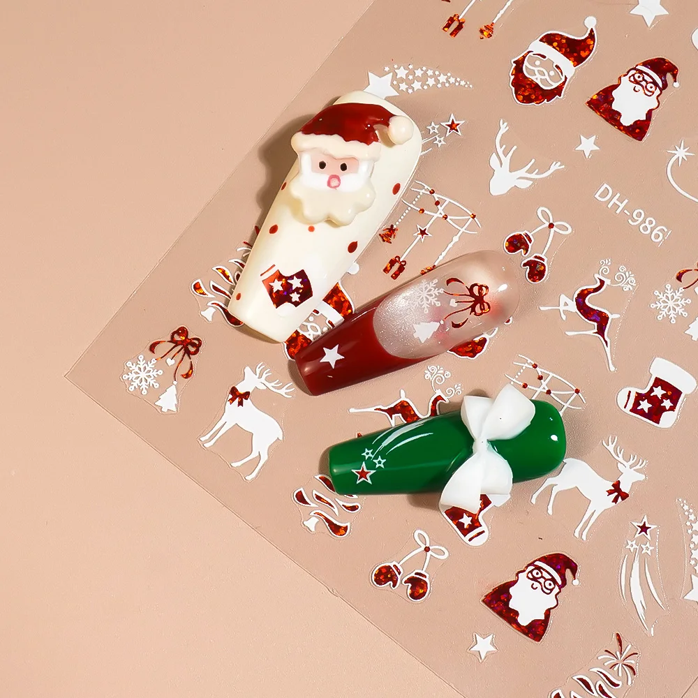 1/5/10pcs 크리스마스 네일 스티커 눈송이 하트 체리 3D 플랫 네일 아트 스티커 DIY 자기 접착 매니큐어 장식 데칼