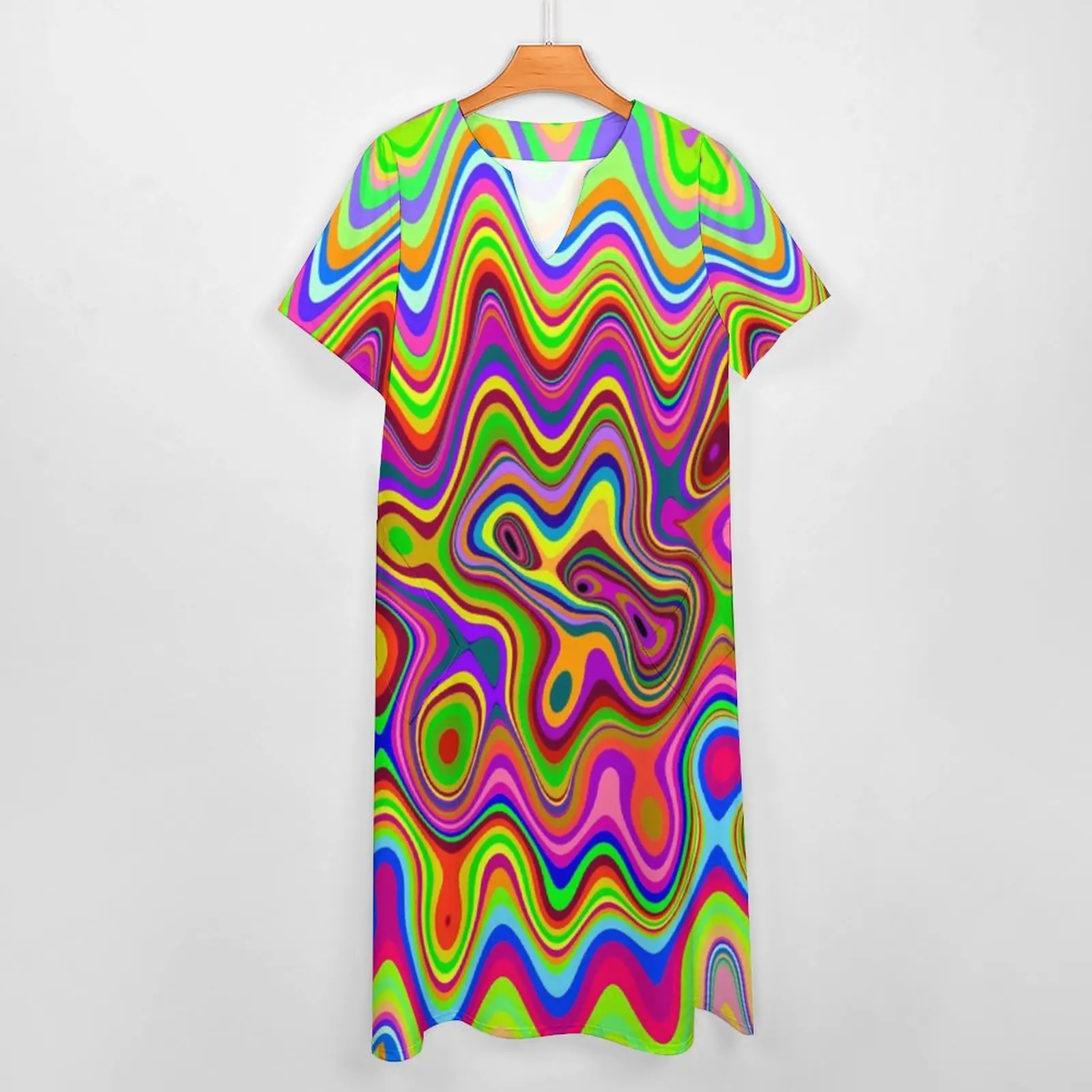 Psychedelic Glowing Dress Abstract Liquid Print Kawaii Maxi Dress Aesthetic Boho Beach Long Dresses V Neck Graphic Clothing