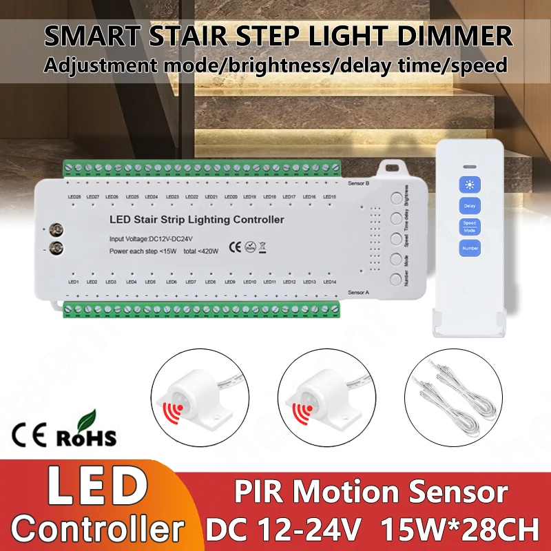 28 Steps Stair Lighting Controller With PIR Motion Sensor 28 Channels Stair LED Lamp Strip Dimmer DC12V 24V 420W With IR Remote