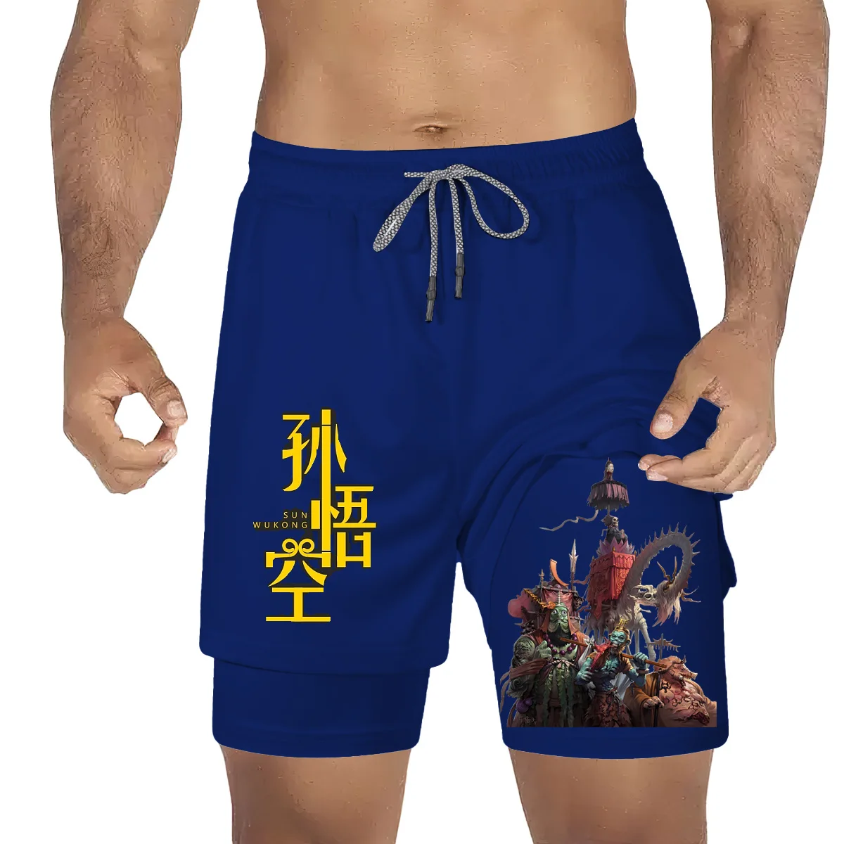 

SUNWUKONG Summer Men's Shorts Fashion Fitness 3D Printing 2-in-1 Comfortable Casual Double Layer Shorts Chinese Elements