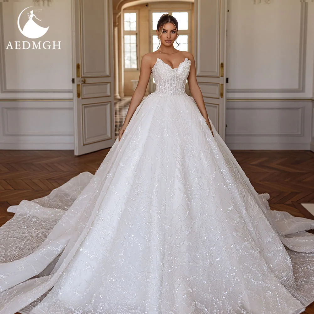 Aedmgh 볼 가운 럭셔리 웨딩 드레스 스트랩리스 베스티도 드 노비아 레이스 자수 스팽글 공주 맞춤 제작 웨딩 드레스