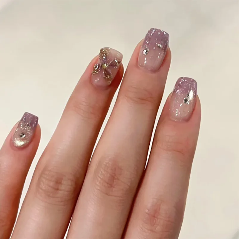 

24PCS Lavender Ombre Press-On Nails - 3D Crystal Flower Accents Short European Square (Subtle Glitter)