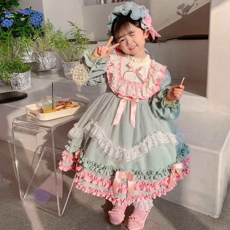 Spring Autumn New Spanish Vintage Lolita Ball Gown Bow Mesh Design Birthday Party Easter Princess Dresses for Girl