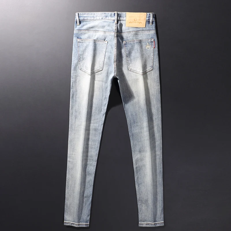 The latest fashionable new men's high-quality jeans, elastic slim fit, retro light blue jeans, designer motorcycle brand pants