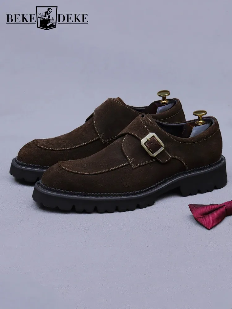 

Винтажные замшевые модельные туфли из коровьей кожи, мужские осенние деловые повседневные лоферы на платформе с пряжкой и круглым носком, мужская обувь из натуральной кожи