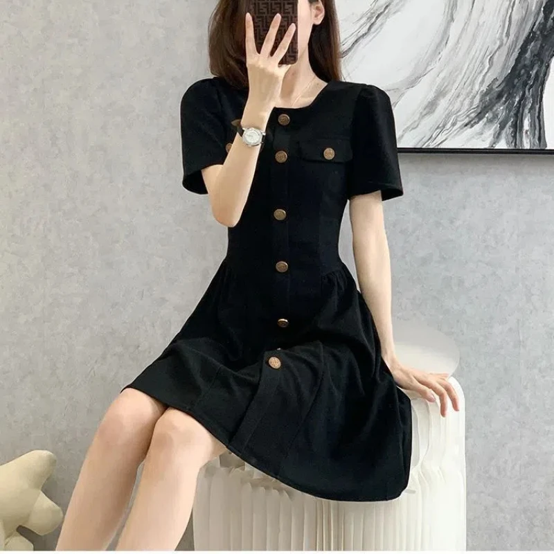 Large Summer Black Dress 2024French Style Slightly Fat MM Looks Thin and Tall This Year's New Short Sleeve Small Fragrance Dress