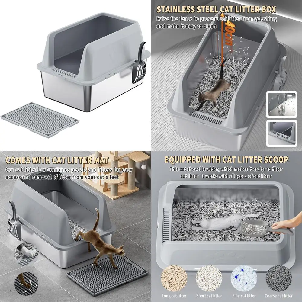 

Large Stainless Steel Cat Litter Box with Heightened Fence and Litter Mat for Easy Cleaning