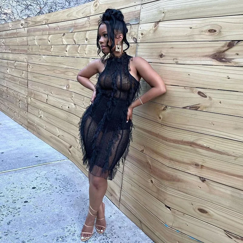 DSMTRC Personality Fashion Sexy Club Women Sleeveless See-through Mini Dress Black Patchwork O-neck Pullover Skinny Vestidos New