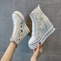 Inner Increase High-top Canvas Shoes for Womens Lace Up Hollow Breathable Casual Thick-bottom Ladies Sneaker Tennis Shoe