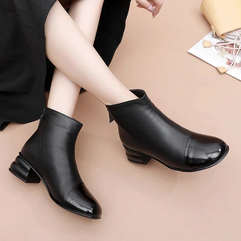 

2025 зимние зимние ботинки, женские кожаные ботильоны на массивном каблуке, теплая обувь на высоком каблуке с мехом, брендовые мотоциклетные ботинки