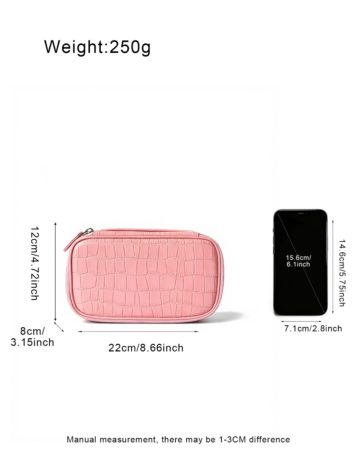 Geprägter Kosmetikbeutel aus Leder mit Krokodil-Optik, großer Stauraum, mehrere Taschen, Handtaschen-Organizer für Toilettenartikel, Reise, rosa Ausführungen. – Detail 5