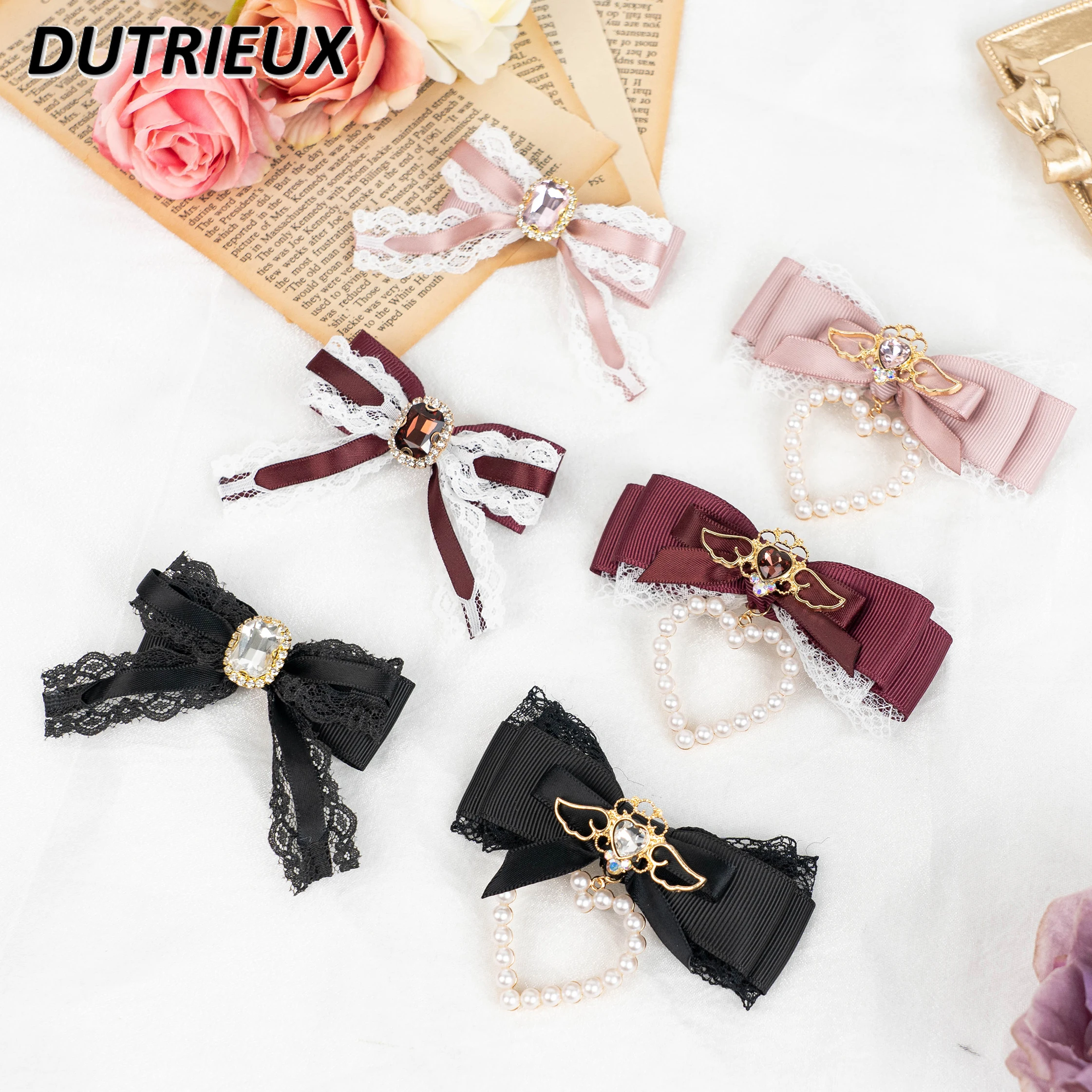 

Rojita Japanese Lace Bow Accessories Mass-Produced Sweet Rhinestone Lolita Side Clip Hairpins Red Ornament Hair Clips for Girls