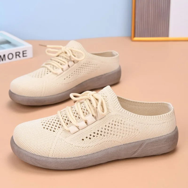 Zapatillas de mujer transpirables de malla tejida con cordones, suela gruesa, antideslizantes, con punta cerrada, para exteriores, informales