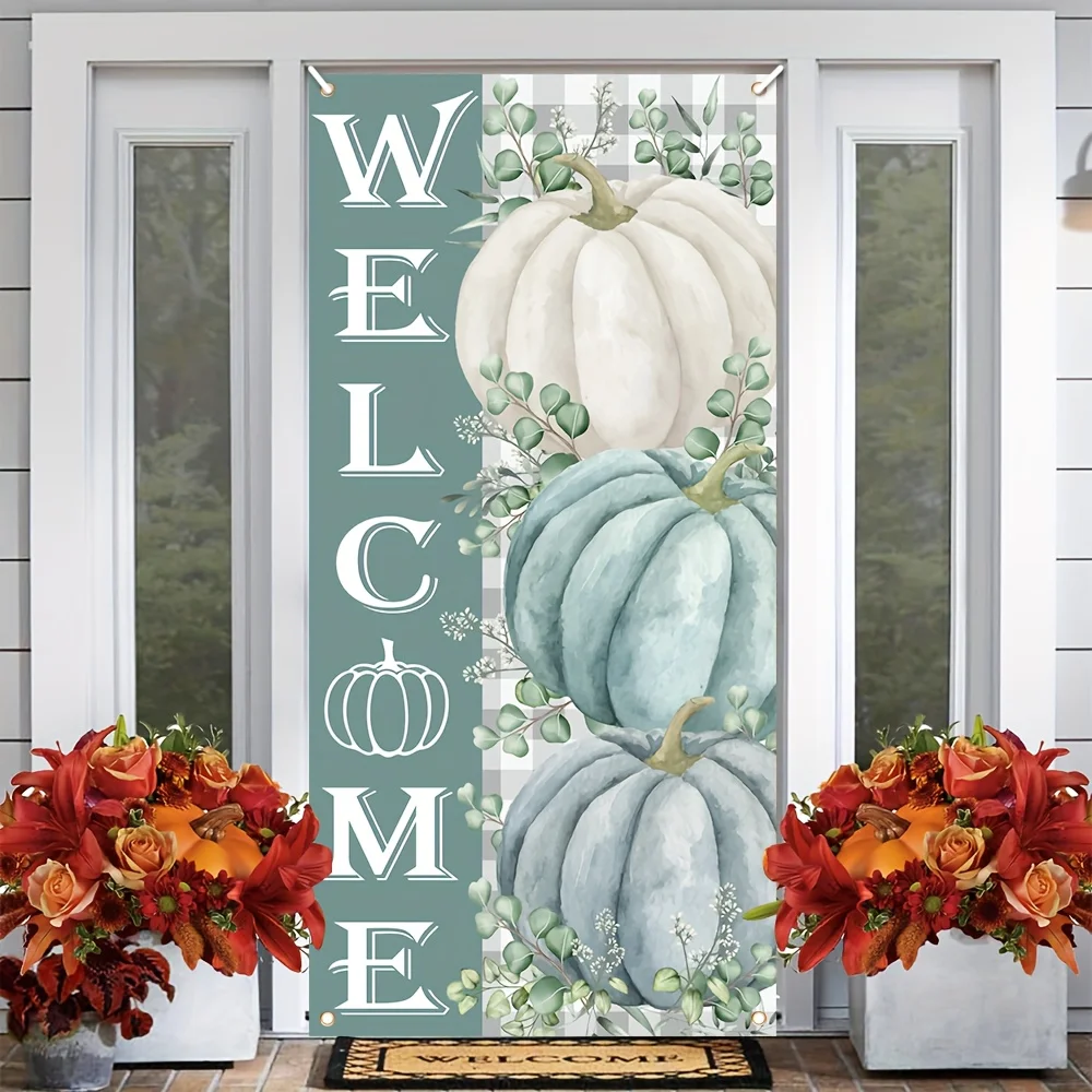 Chic Happy Thanksgiving Pumpkin Welcome Banner Durable Polyester 35x180cm Autumn Harvest Door Covers Decoration