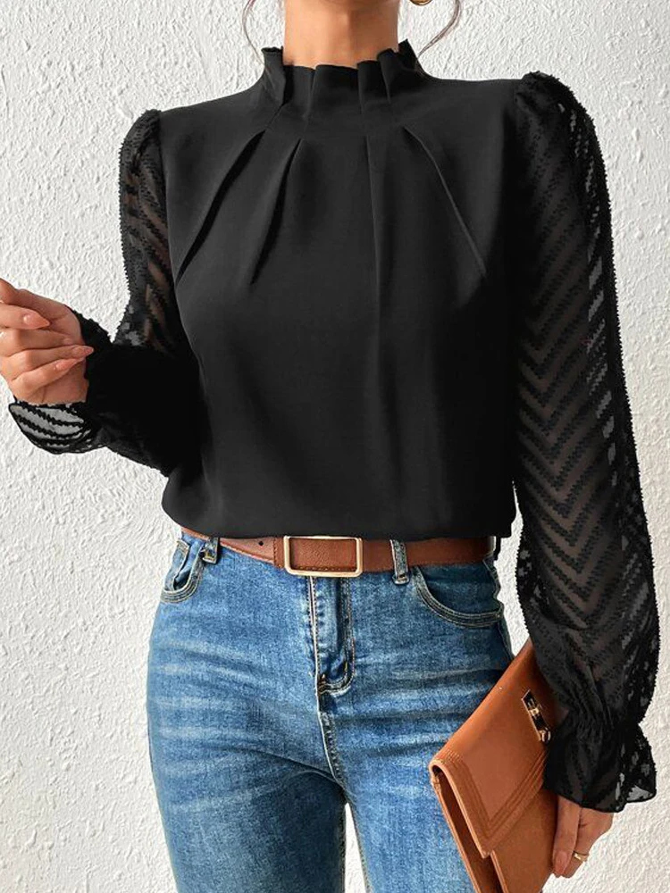 Black Blouses Office Chevron Pattern Ruched Long Sleeve Top Shirts for Women Fashion 2024 Tops Mujer Elegant Female Clothes Work