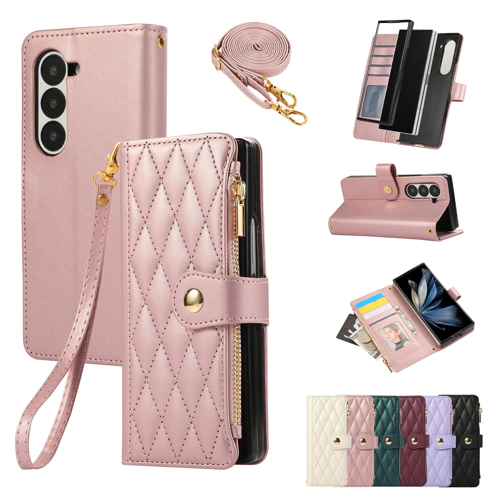 Crossbody zipper Cards Solt Wallet Leather Case For Samsung Galaxy Z Fold 6 5 4 3 5G Diamond Bag Purse Lanyard Stand Strap Cover