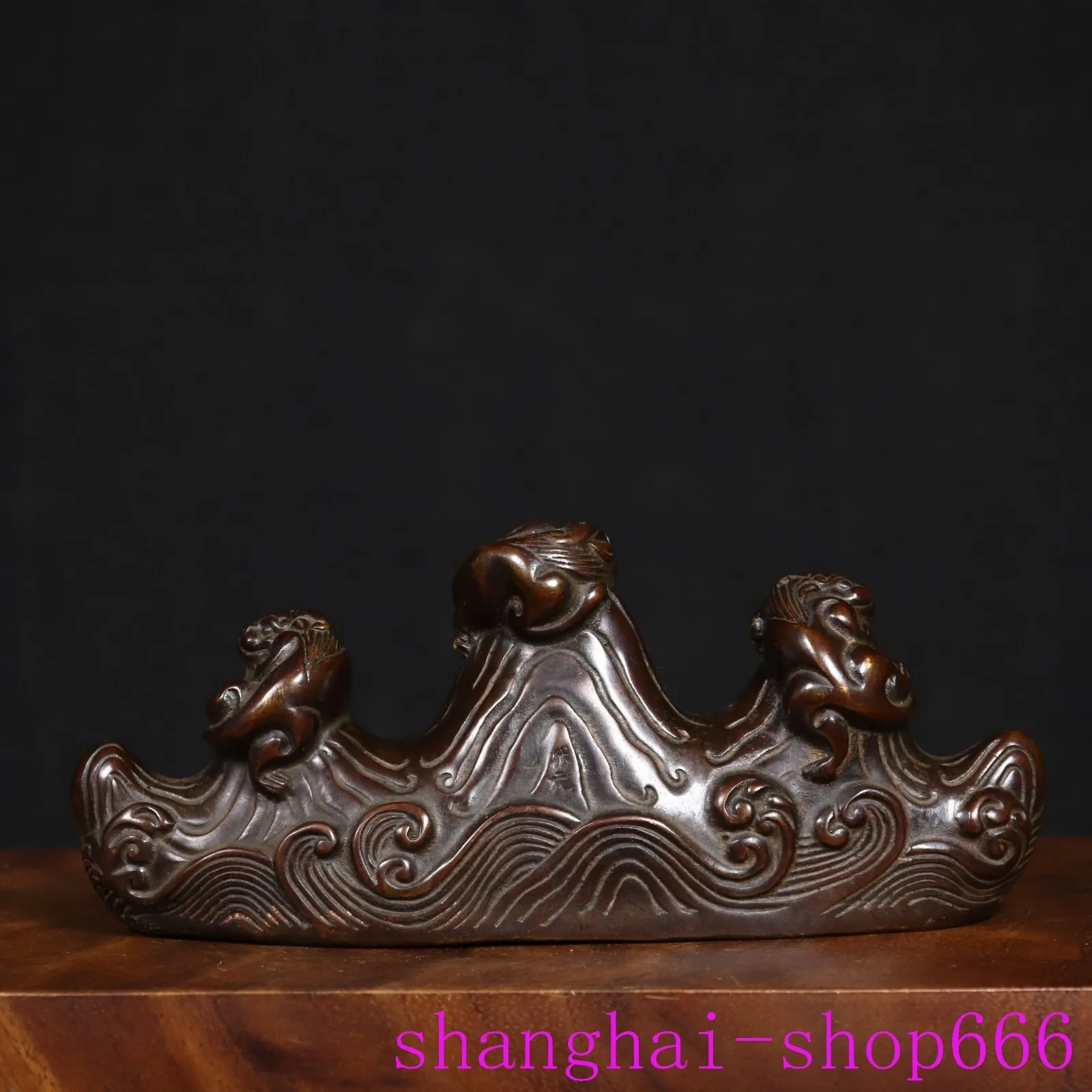 

7.8 inch Old Chinese Ancient Bronze Fortune Beast Statue Pen Holder -Natural materials