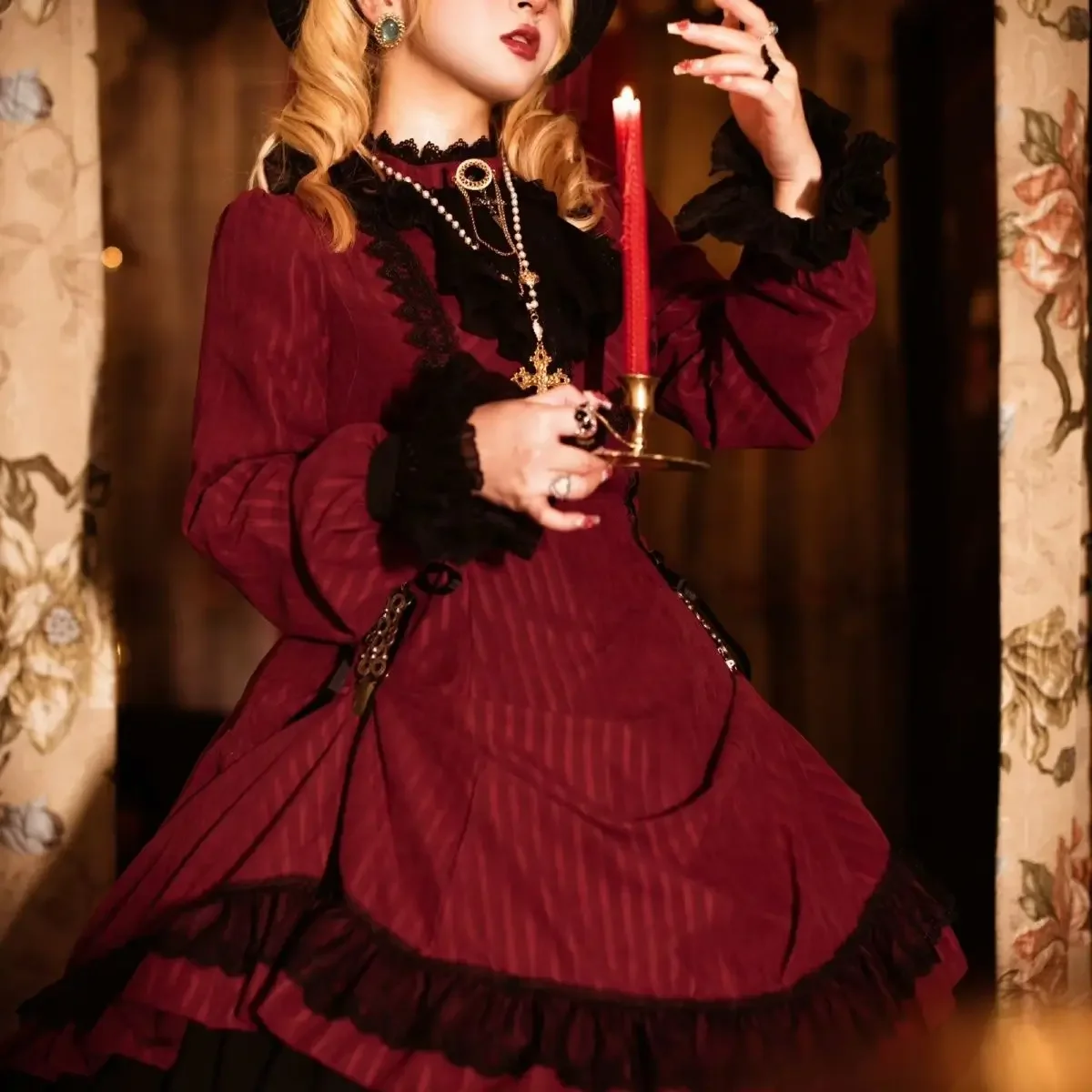 

SOIOMES Черная юбка в стиле Лолиты Manor Осенняя рубашка и юбка в готическом стиле Лолита в полоску в стиле ретро Элегантные платья с длинным рукавом и воротником OP