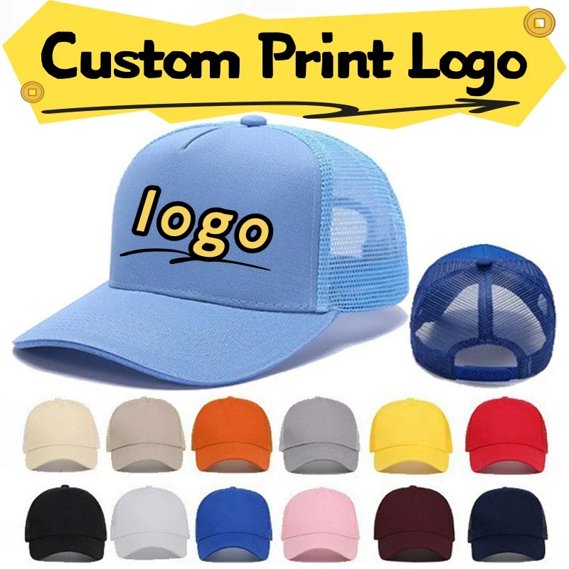 Customized Printed Logo Pure Cotton Five Piece Mesh Cap Hardtop Travel Breathable Man's And Woman's  Outdoor Sunshade Buckle Hat