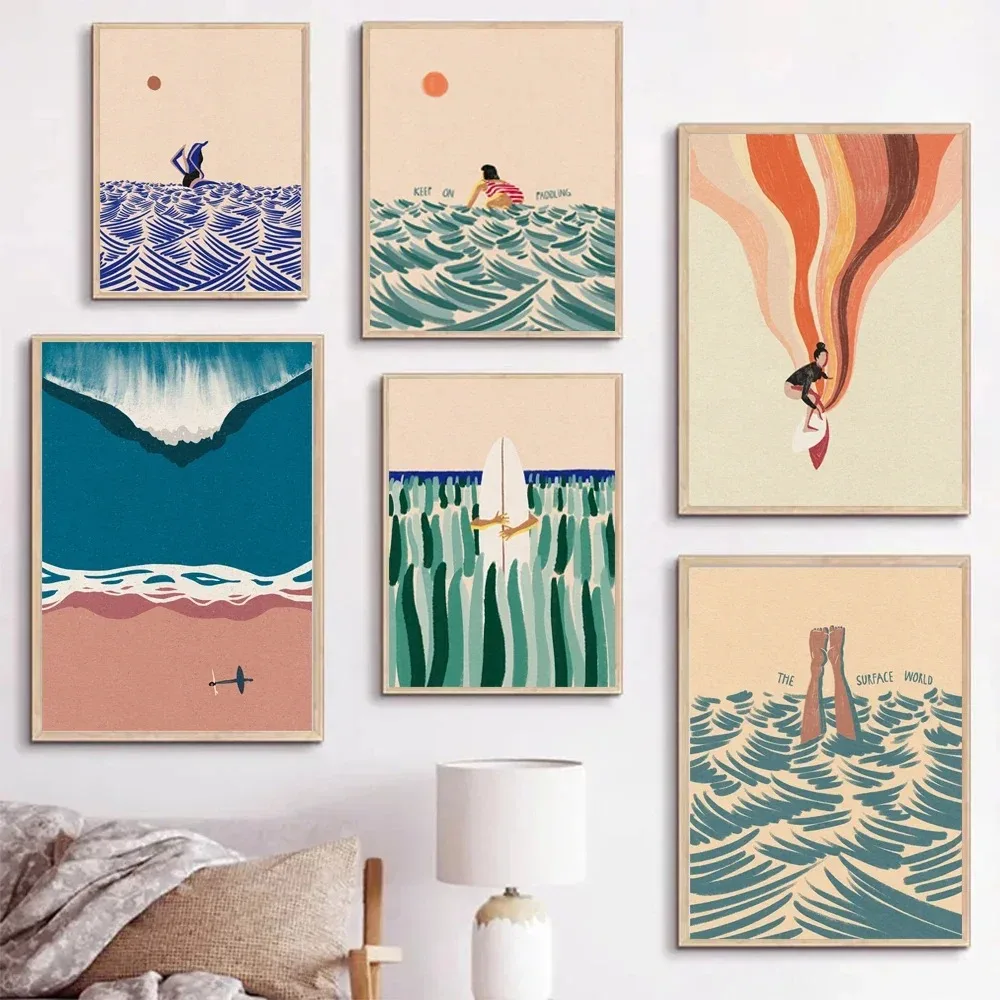 Nordic Summer Minimalist Bohemian Surf Beach Canvas Painting Posters and Prints Wall Pictures for Surfer Living Room Decor