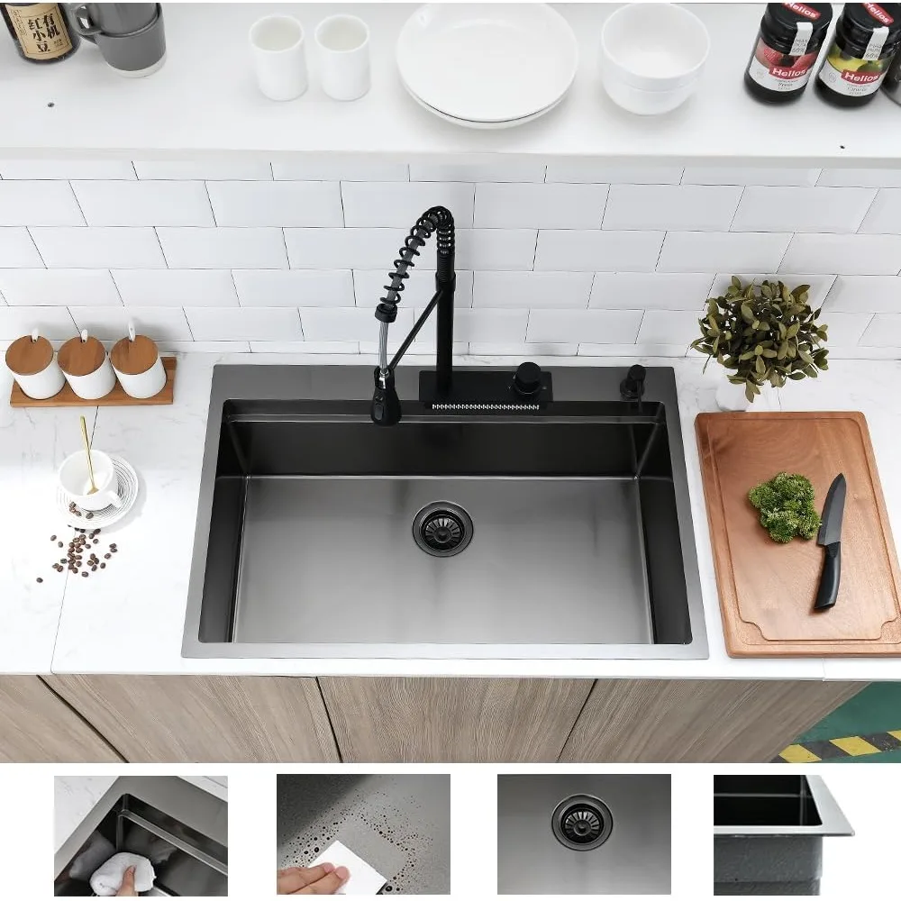 Imagem -03 - Cachoeira Gota na Pia da Cozinha com Torneira Combo Workstation Top Mount 33x22 33 Preto