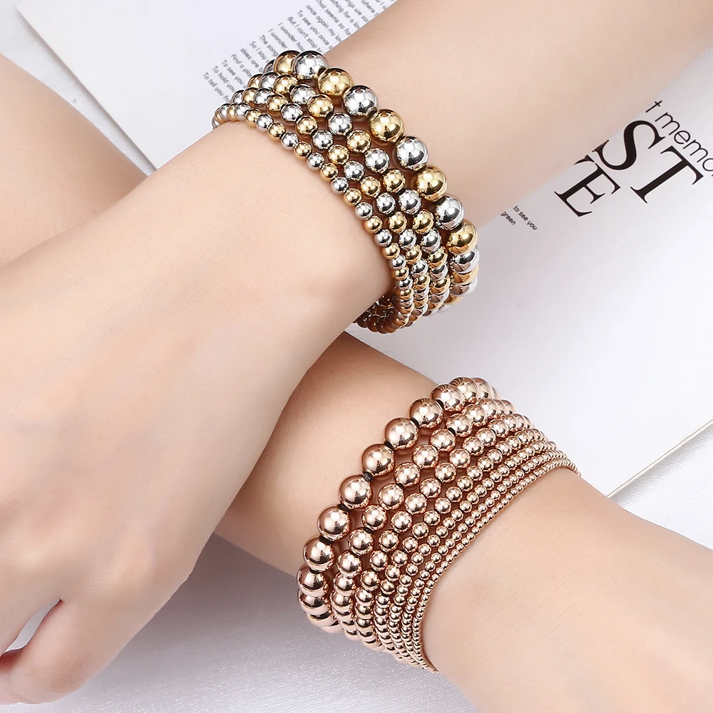 Fashion Women' Jewelry Waterproof Metal Ball Multiple Models Quality Smooth Bicolor Solid Beads Elastic Stainless Steel Bracelet