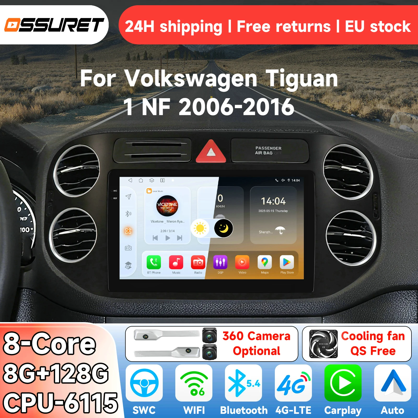 OSSURET Android 14 Autoradio per VW Volkswagen Tiguan 1 NF 2006-2016 Sistema Intelligente Carplay Auto Multimedia Video Player GPS 4G 6115