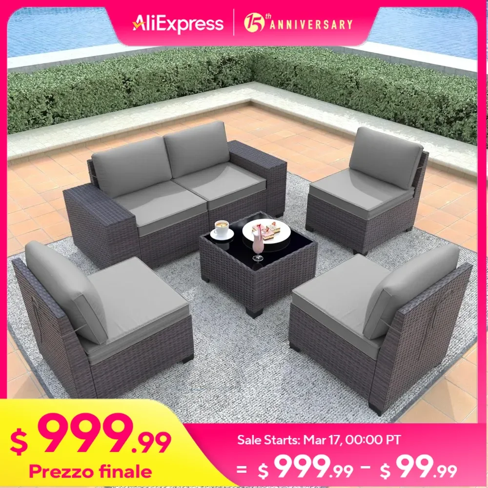 6-Piece Patio Sofa Set, All-Weather PE Rattan Outdoor Sectional with Replaceable Waterproof Cushions and Coffee Table