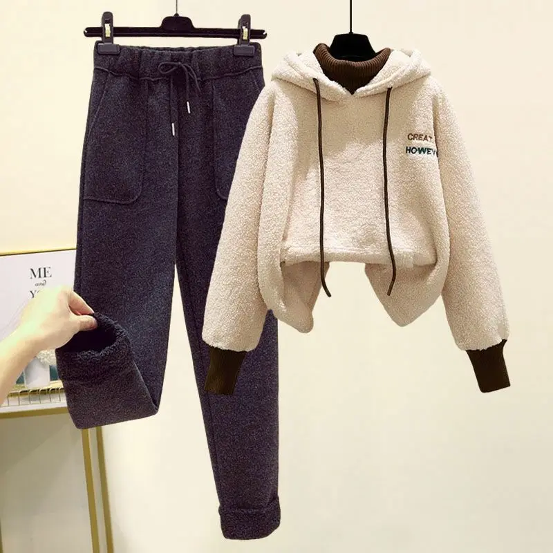 Autumn and Winter Two Piece Age Reducing Fashion Set Women's Thickened Lamb Wool Sweater Woolen Casual Pants