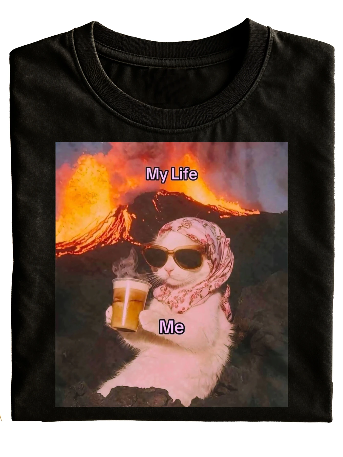 Funny Cat with Coffee And Volcano My Life Me Printed T Shirt Black Casual Wear for Men Women Gift Idea  Fashionable Everyday Wear Holiday Present, Plus Size
