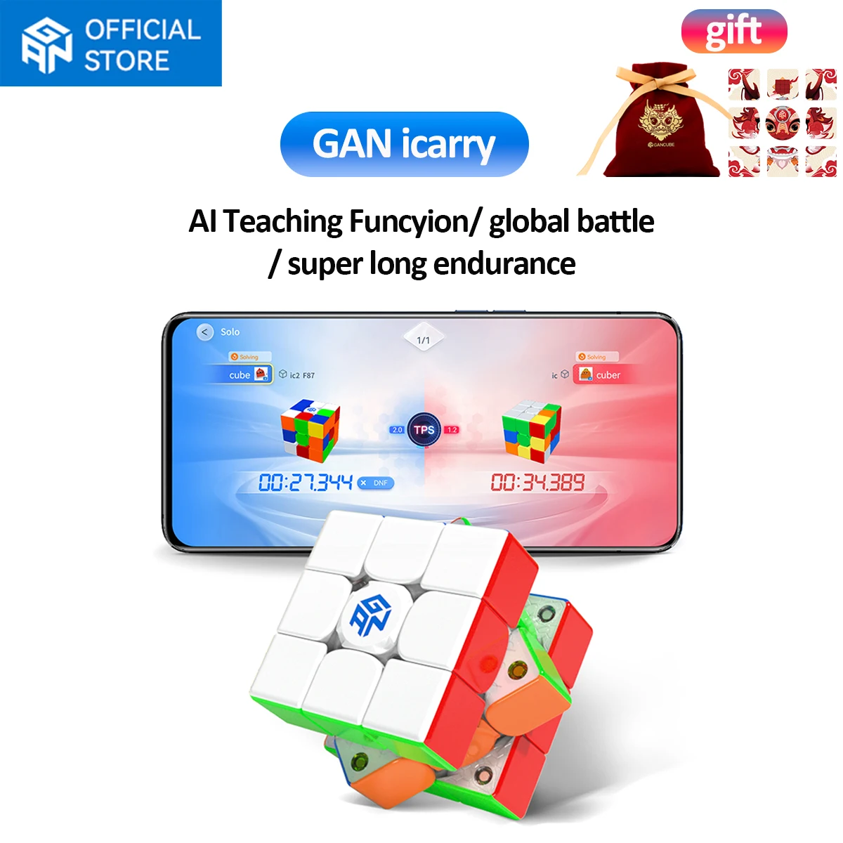 

GAN 356 i Carry Stickerless Cube,Intelligent Tracking Movements Steps with CubeStation App, Battery Version Non-Rechargeable