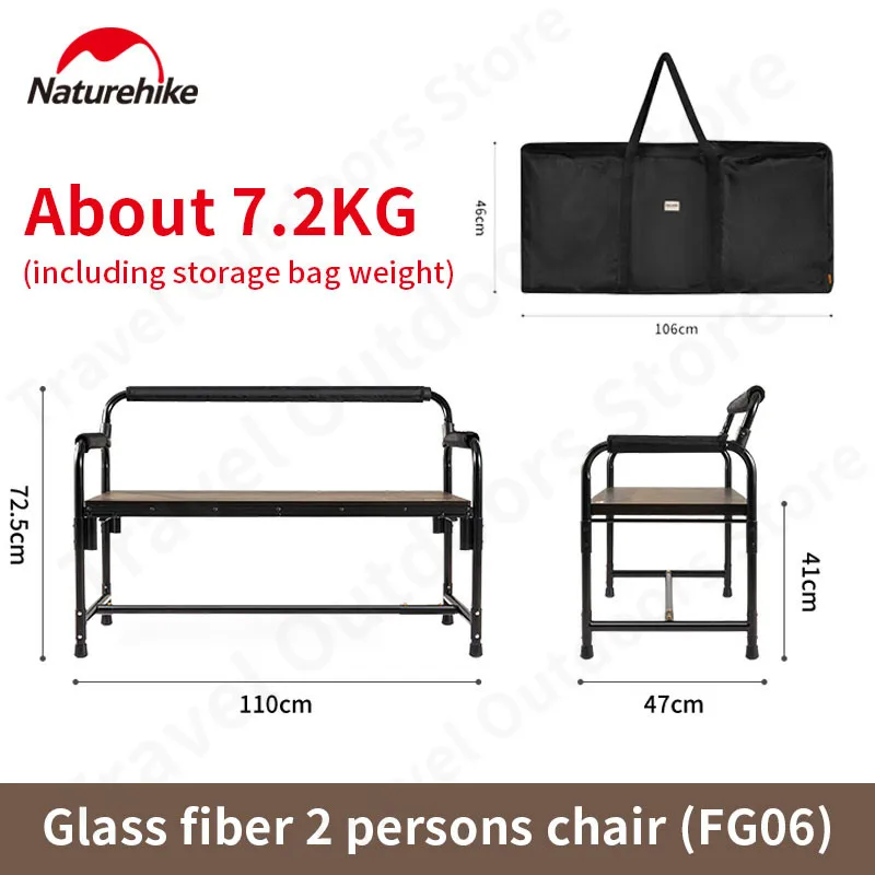 Naturehike Outdoor Double Folding Chair Aluminum Alloy Removable Portable Camping Travel Picnic Bench Armchair 160KG Bearing