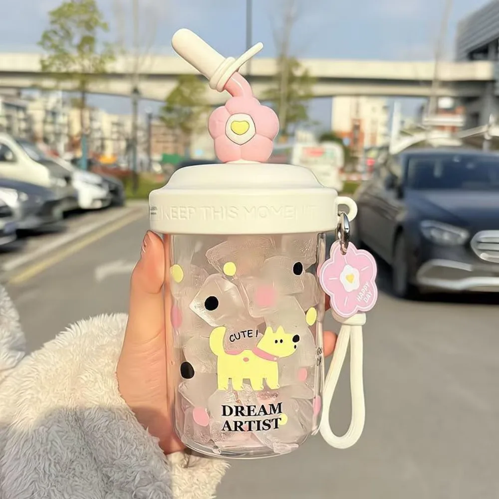 

Portable Dust Cap Water Bottle Heat-resistant High-capacity Drinking Cup Cartoon Handheld Straw Bottle Children