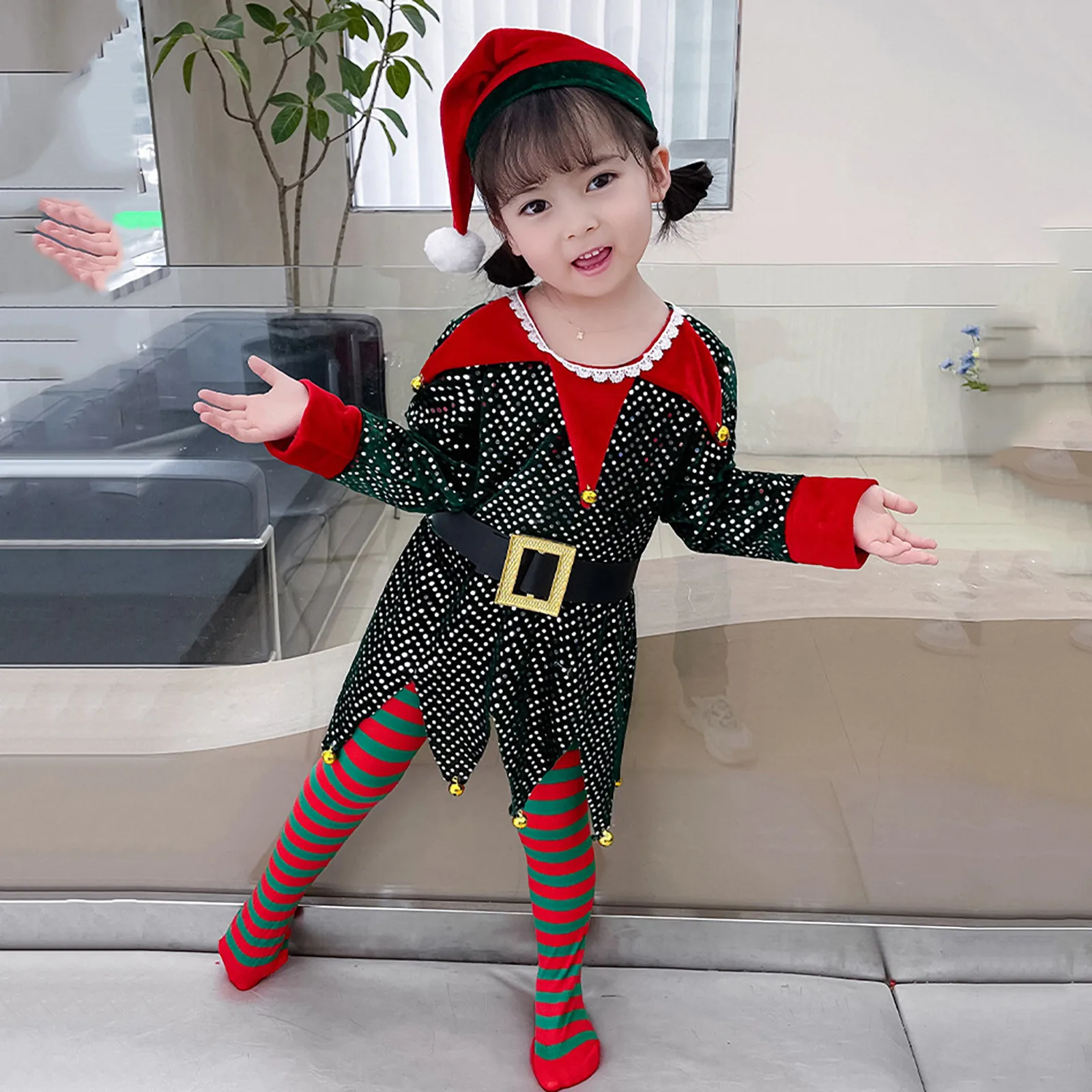 

3Pcs Kids Girl Christmas Elf Cosplay Costume Xmas New Year Carnival Party Santa Claus Stage Fancy Performance Sequin Dress Set