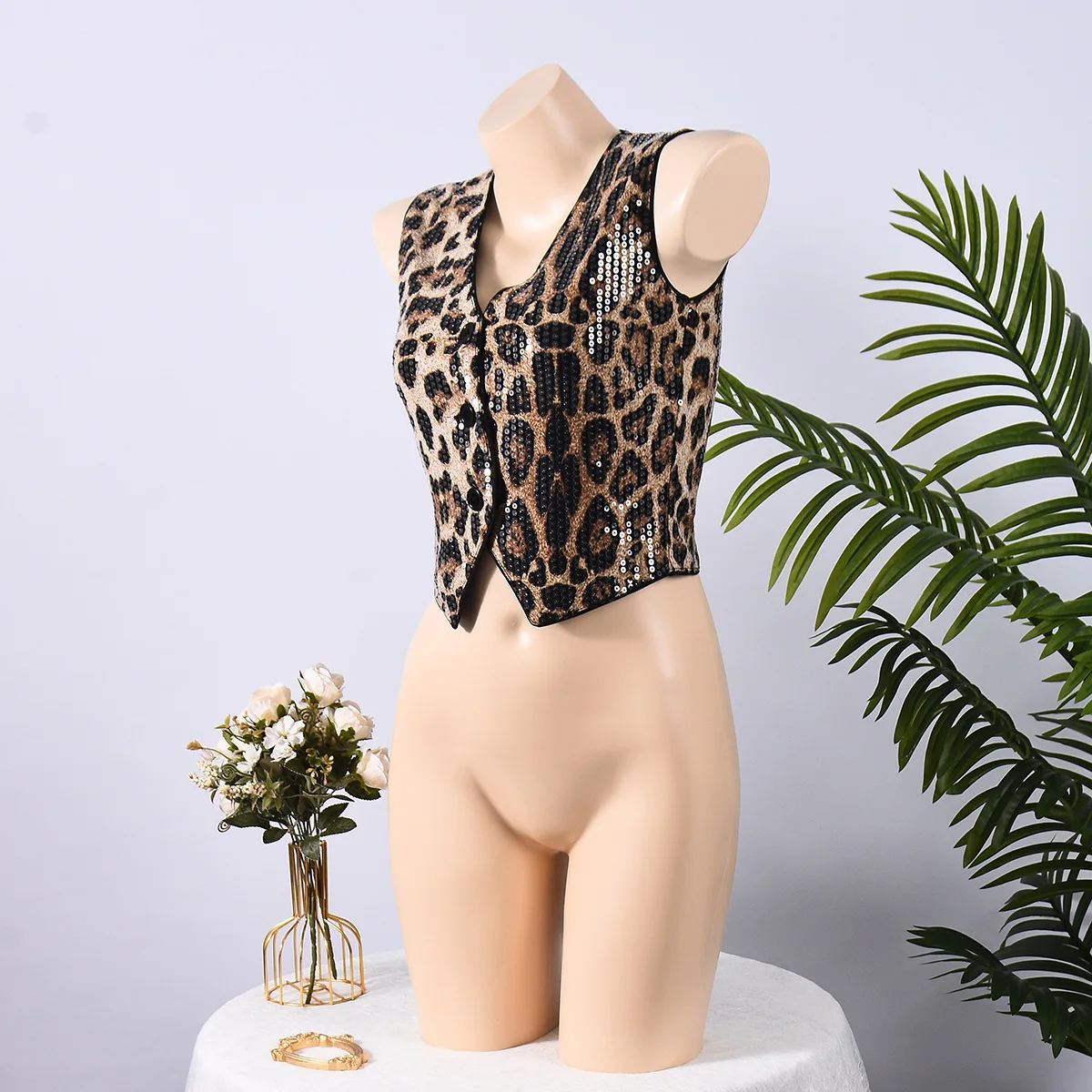 Autumn New Sequins Leopard Print Vest Women