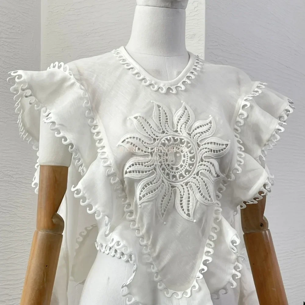 

White Sleeveless O Neck Embroidery Blouse Tops 2025 Linen Silk