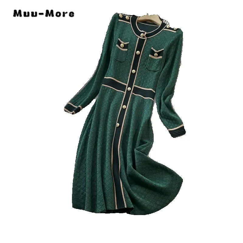 Vestido Midi de manga larga con cuello redondo para mujer, traje de oficina Vintage de retales, informal, elegante, cálido, invierno, 2023