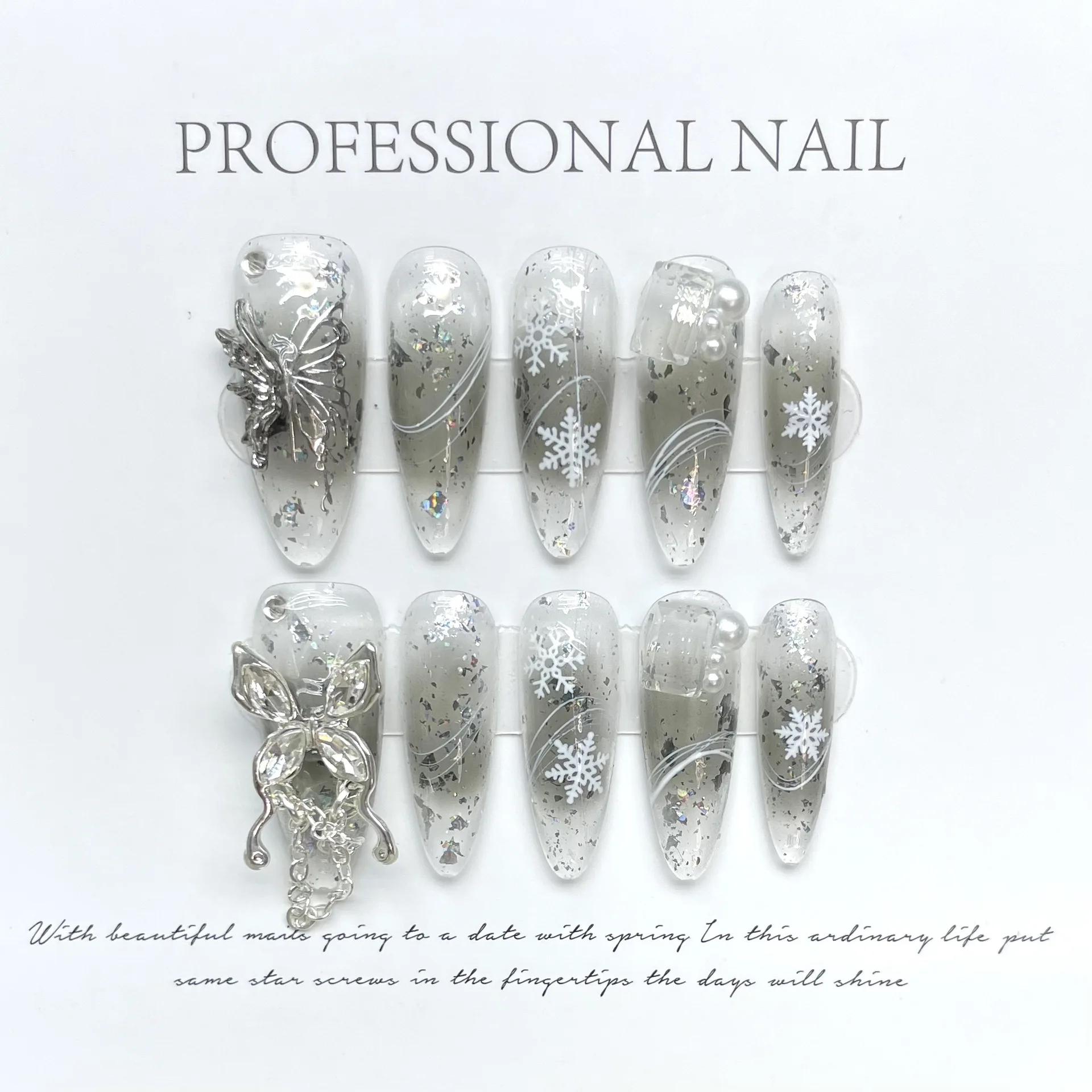 

10Pcs French Y2k Nail Tips Long Ballet Handmade Fake Nail Wearable False Nails with Rhinestone Press on Nails Manicure