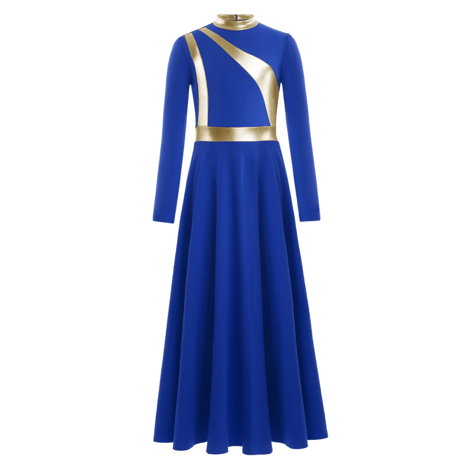 Children Girls Praise Lyrical Dance Costume Liturgical Worship Church Choir Dress Long Sleeve Metallic Block Zipper Dresses