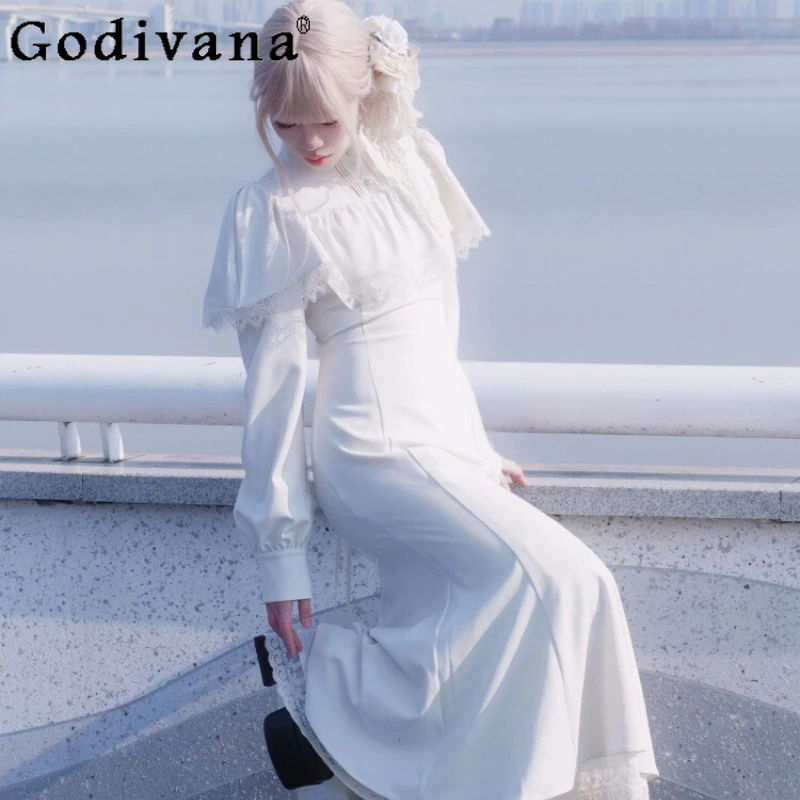 فستان لوليتا على الطراز الفرنسي للنساء فستان أبيض كيب الخصر مقصوص عتيق أنيق للفتيات لربيع الخريف حورية البحر فستان طويل