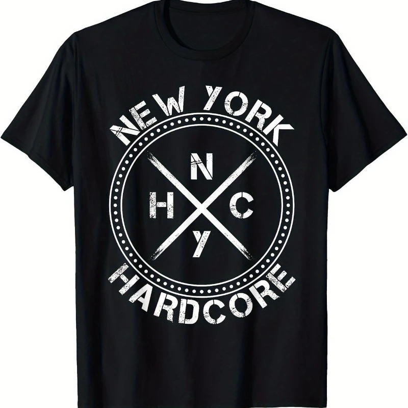 New York Local Hardcore Music Theme Printed T-shirt - Letter and Cross Bar Pattern Design for Casual Streetwear