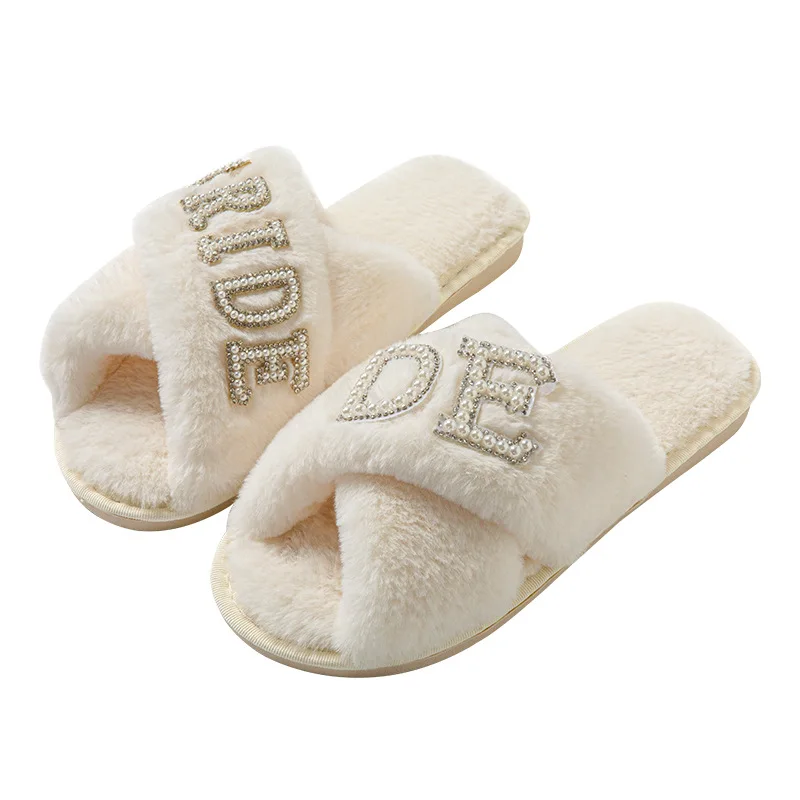BRIDE Fluffy Slippers Wedding Bachelorette Party Gift Bridesmaid Open Toe Slippers Indoor image 5