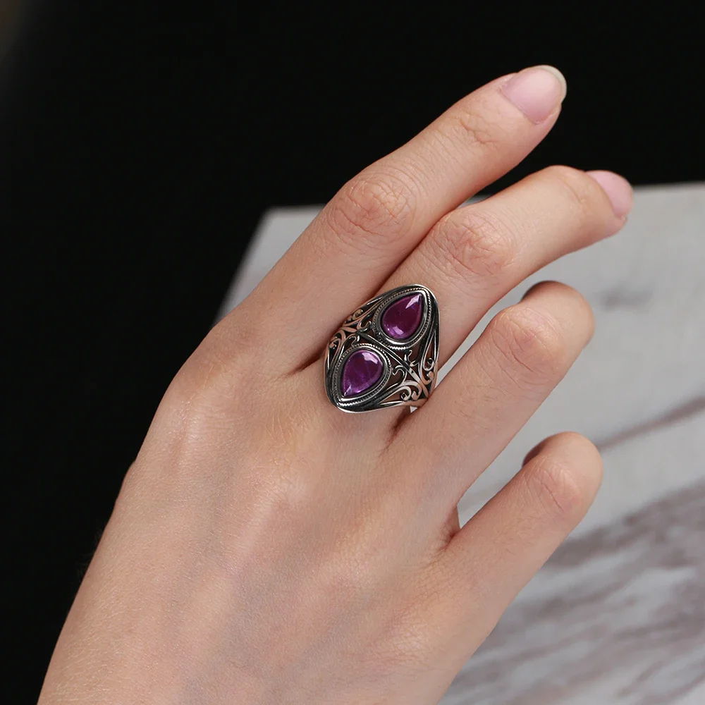 Charms 6x9MM Natural Amethyst S925 Sterling Silver Rings Women\'s Jewelry Vintage Ring Anniversary Party Gifts For Women