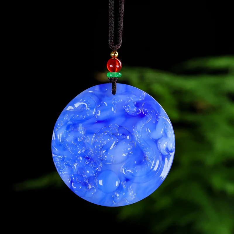

Natural Blue and White Jade Zodiac Loong Pendant Necklace Fashion Accessories Charm Jewelry Carved Amulet Gifts for Women Men