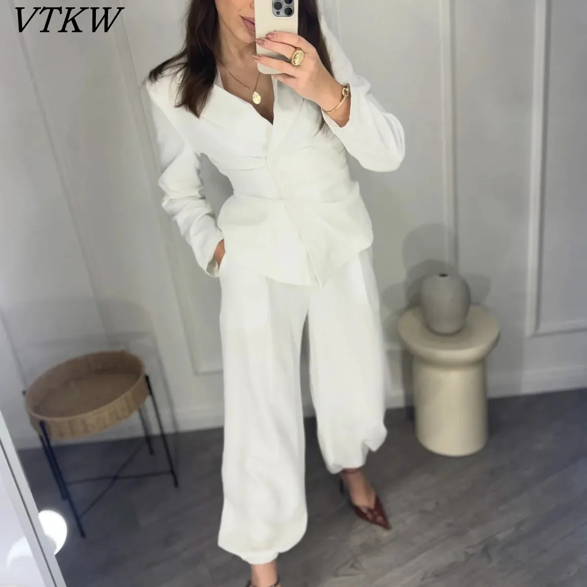 

VTKW 2026 New Arrival Black Khaki Pleated Waist Slim Fit Blazer Wide Leg Pants Set Women Tailored Elegant Commuting Office Wear