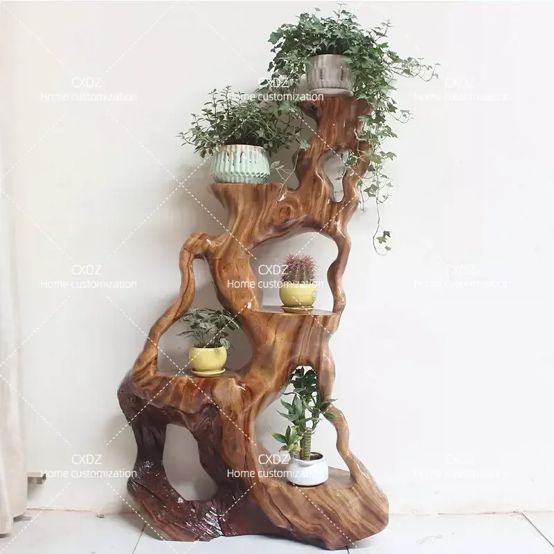 Camphor Wood Root Carving Flower Stand Solid Wood Natural Tree Root Base Floor to Ceiling Multi Layer Living Room Bonsai