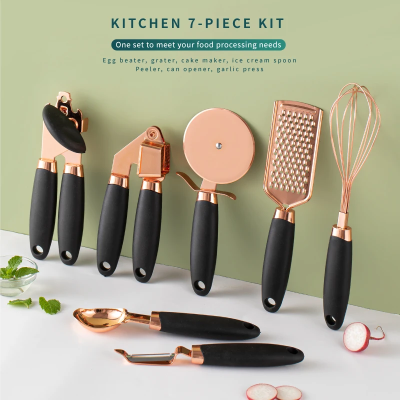 7 Pieces Rose Gold Kitchen Tools Set Kitchen Accessories Gadget Set Copper Coated Stainless Steel Utensils Set