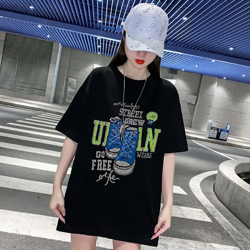 T-shirt surdimensionné Flash Diamond, vêtements de repassage, gros MM pur coton, haut à manches courtes pour femmes