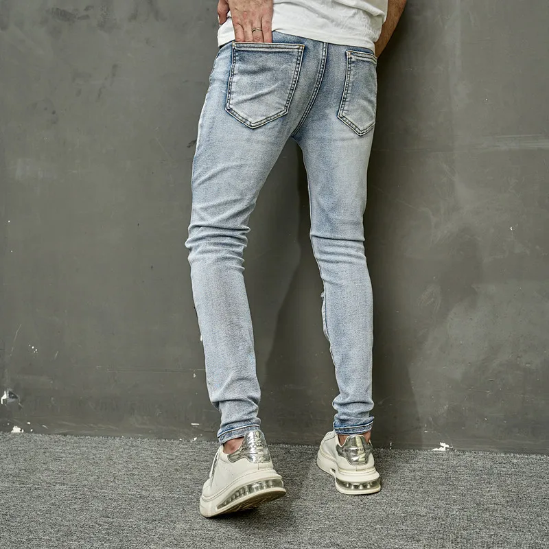 2024 New High Street Embroidered Ripped Jeans Mid-Waist Fashion Stick Cloth Slim Stretch Street Trend Small Feet Pants